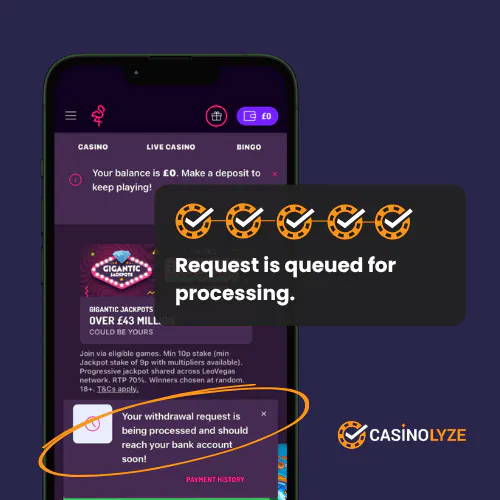 Successful withdrawal request at Pink Casino