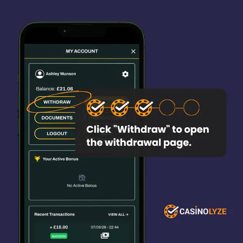 Selecting Withdraw to access the Rose Casino withdrawal section