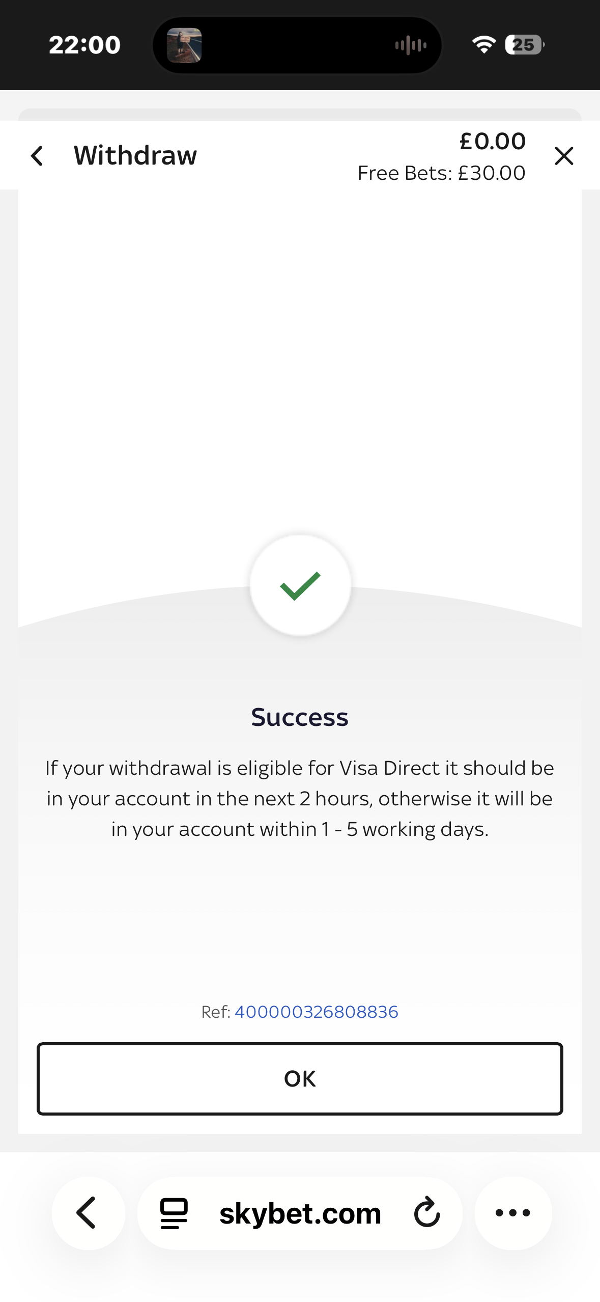 Sky Bet Visa withdrawal time test requested