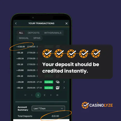 Transaction details in Rose Casino deposit process