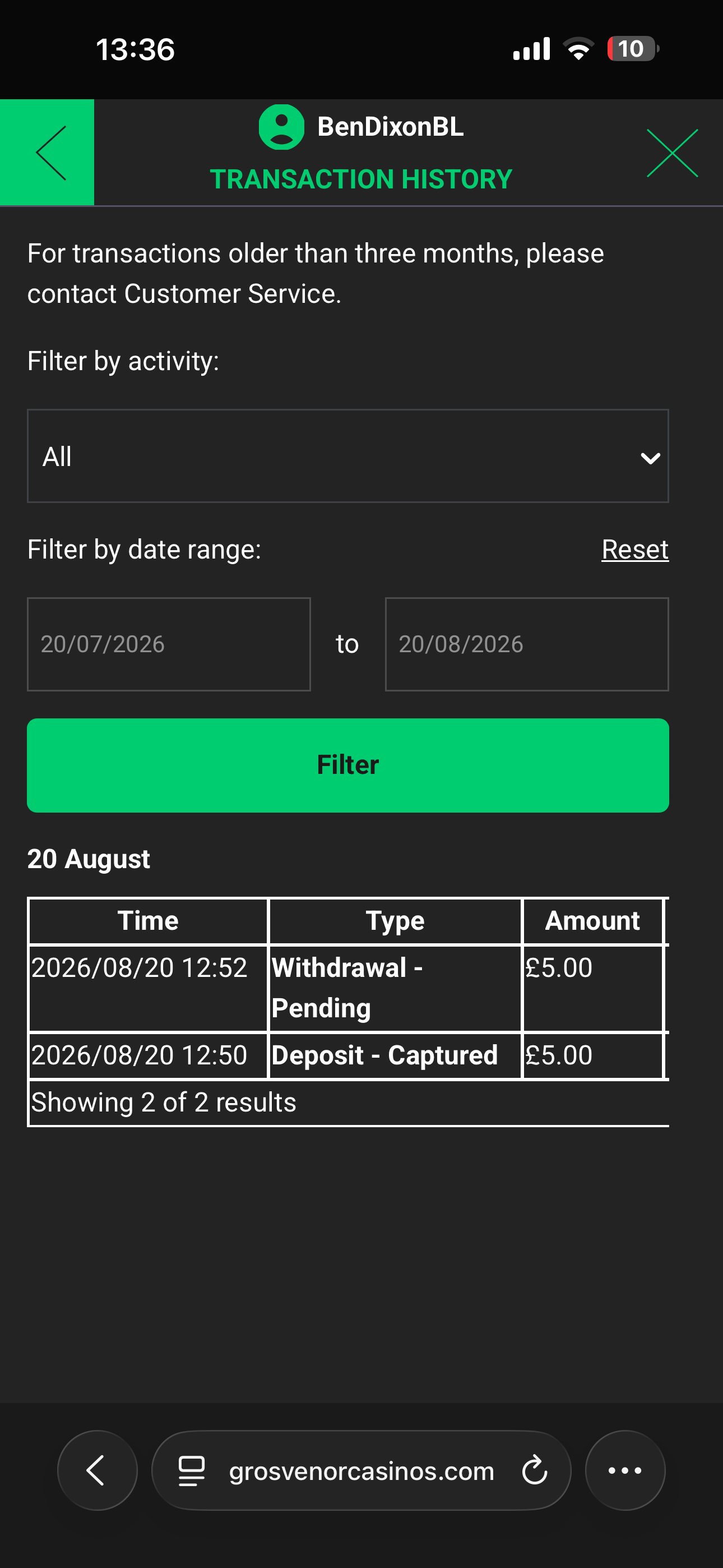 Grosvenor bank transfer withdrawal time test request time