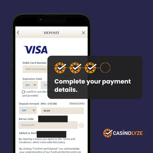 Entering the deposit method details at Prime Casino