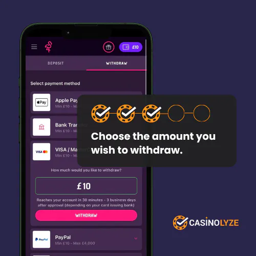 Selecting the wihtdrawal amount at Pink Casino