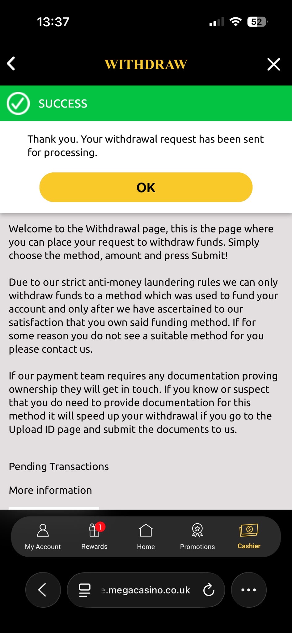 mega casino visa withdrawal test request time