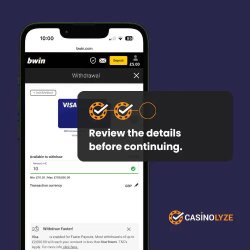 Confirming withdrawal details at Bwin
