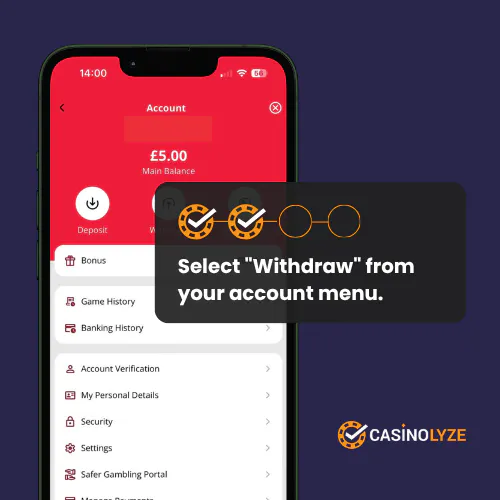 Selecting Withdraw from the Heart Bingo account menu