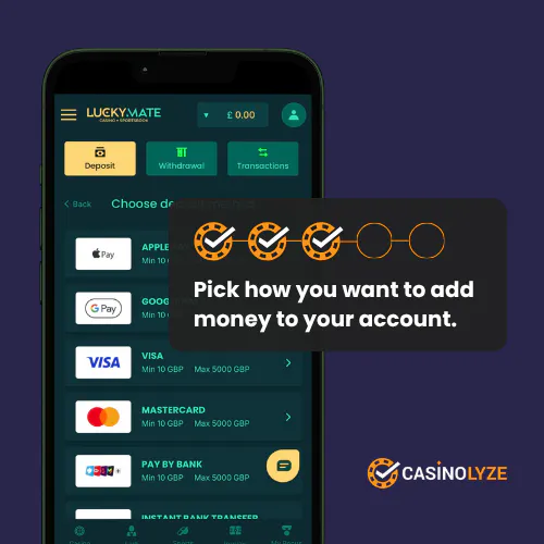 Selecting a deposit method at Lucky Mate