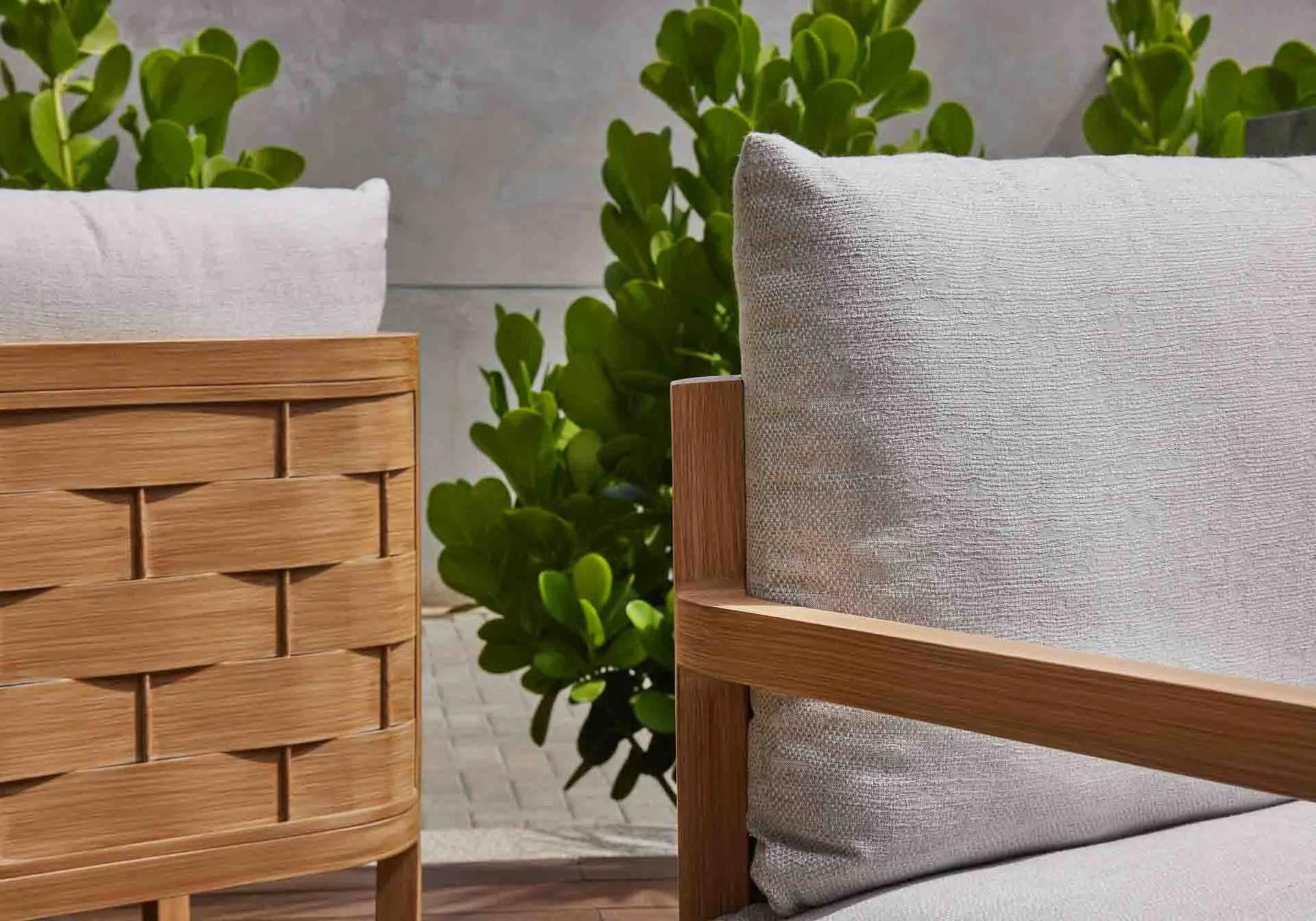Detail of outdoor furniture with cushions.