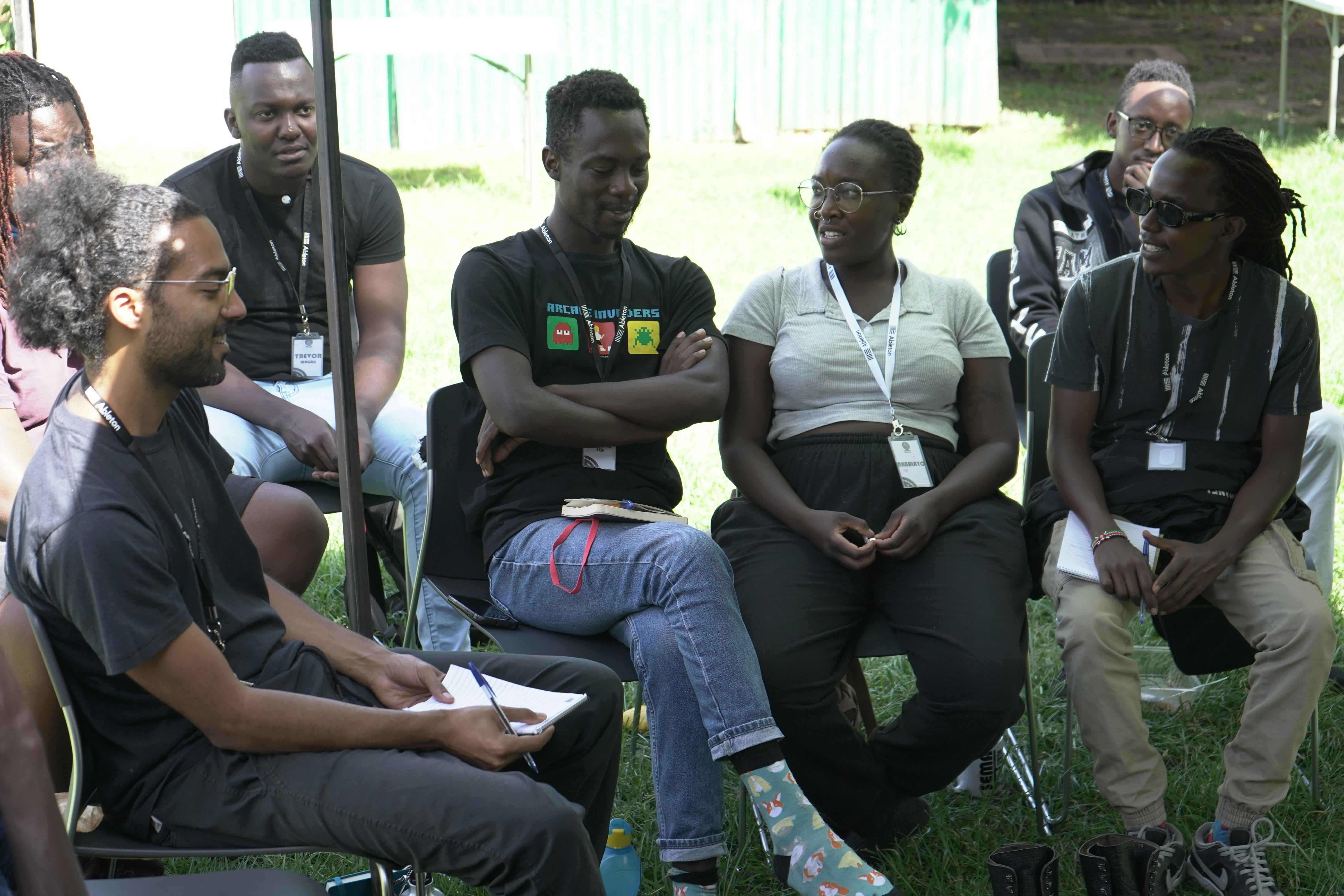 Catalyst Berlin Education Lead Jamie Thomas leads a project-based learning workshop at music production organisation Santuri East Africa