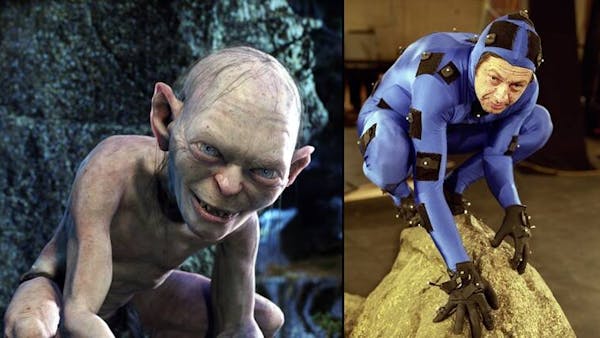 a split showing animated gollum on the left and actor andy serkis on the right