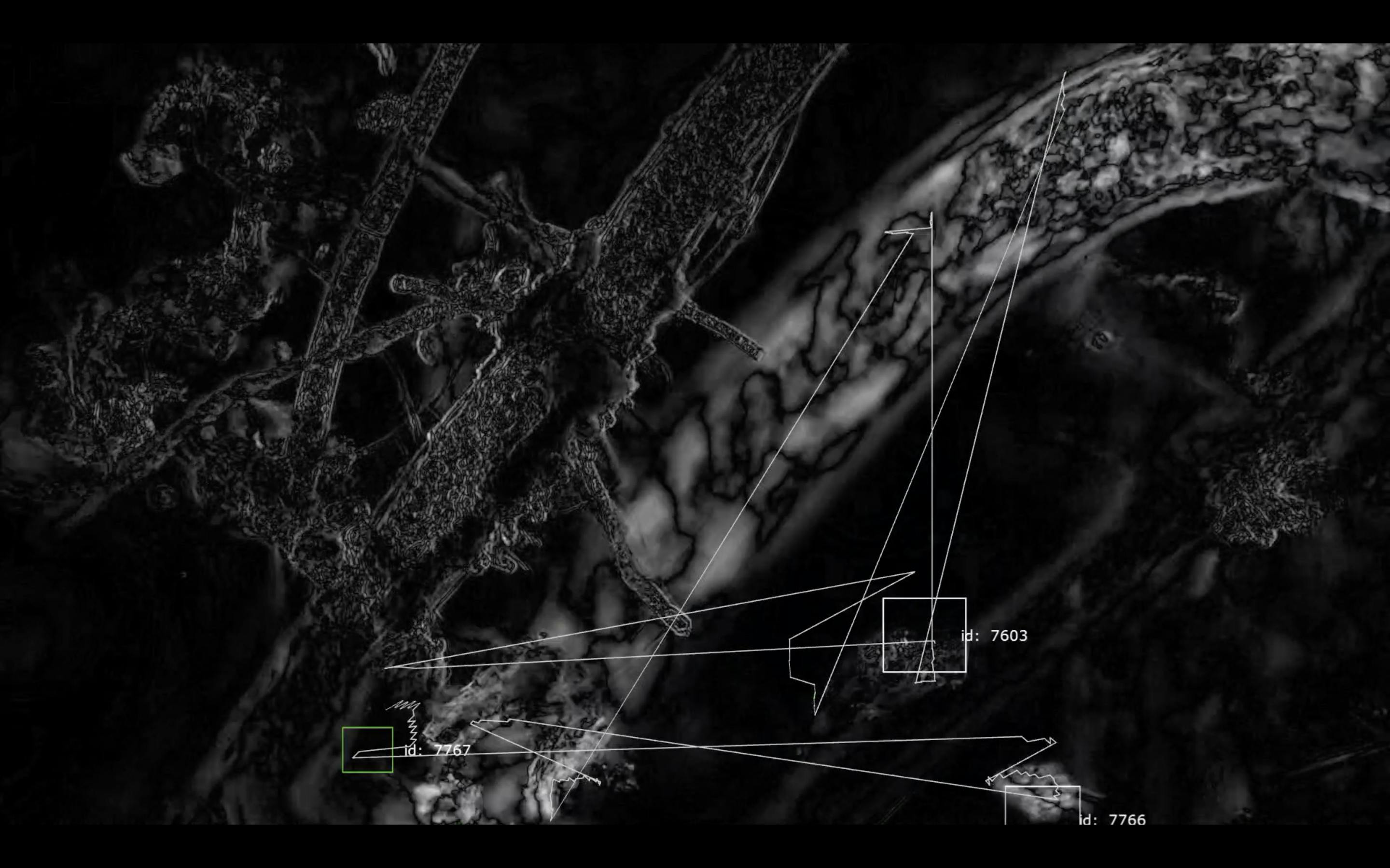 A monochrome image of bacteria under a microscope with computer identifying parts of it