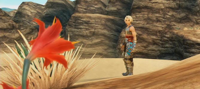 an animated character looks onto a red flower in the foreground