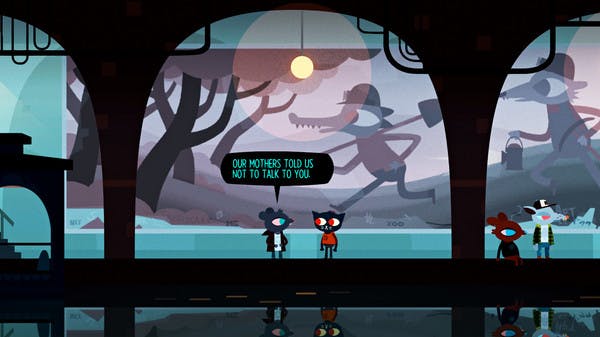 a cartoon cat and mouse talk to each other in a gallery