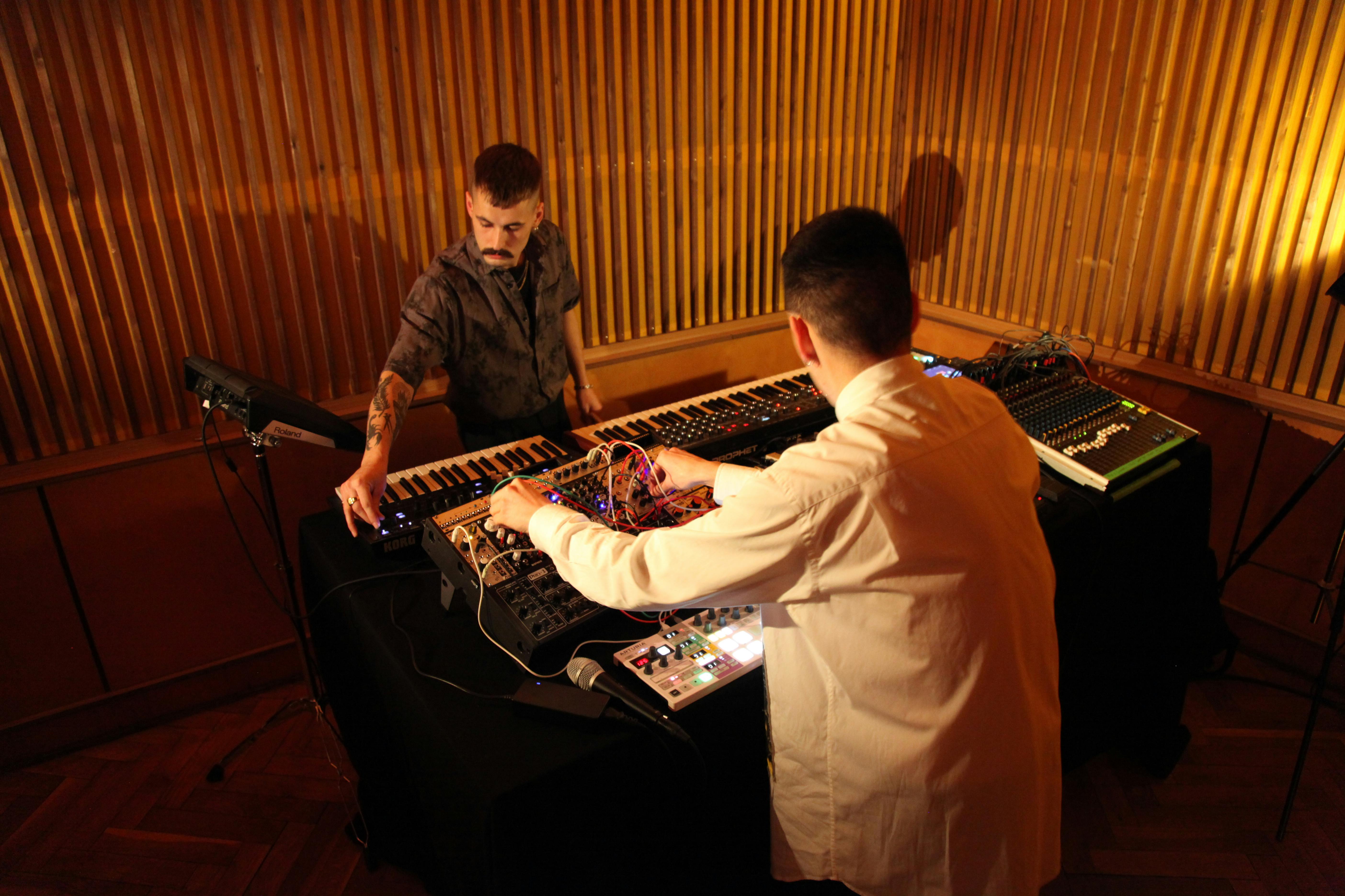 Pablo Bozzi and Hayden Payne behind the scenes of Soft Crash Fact Mag live set shoot by Catalyst Berlin events and student experience lead Hannah Deans