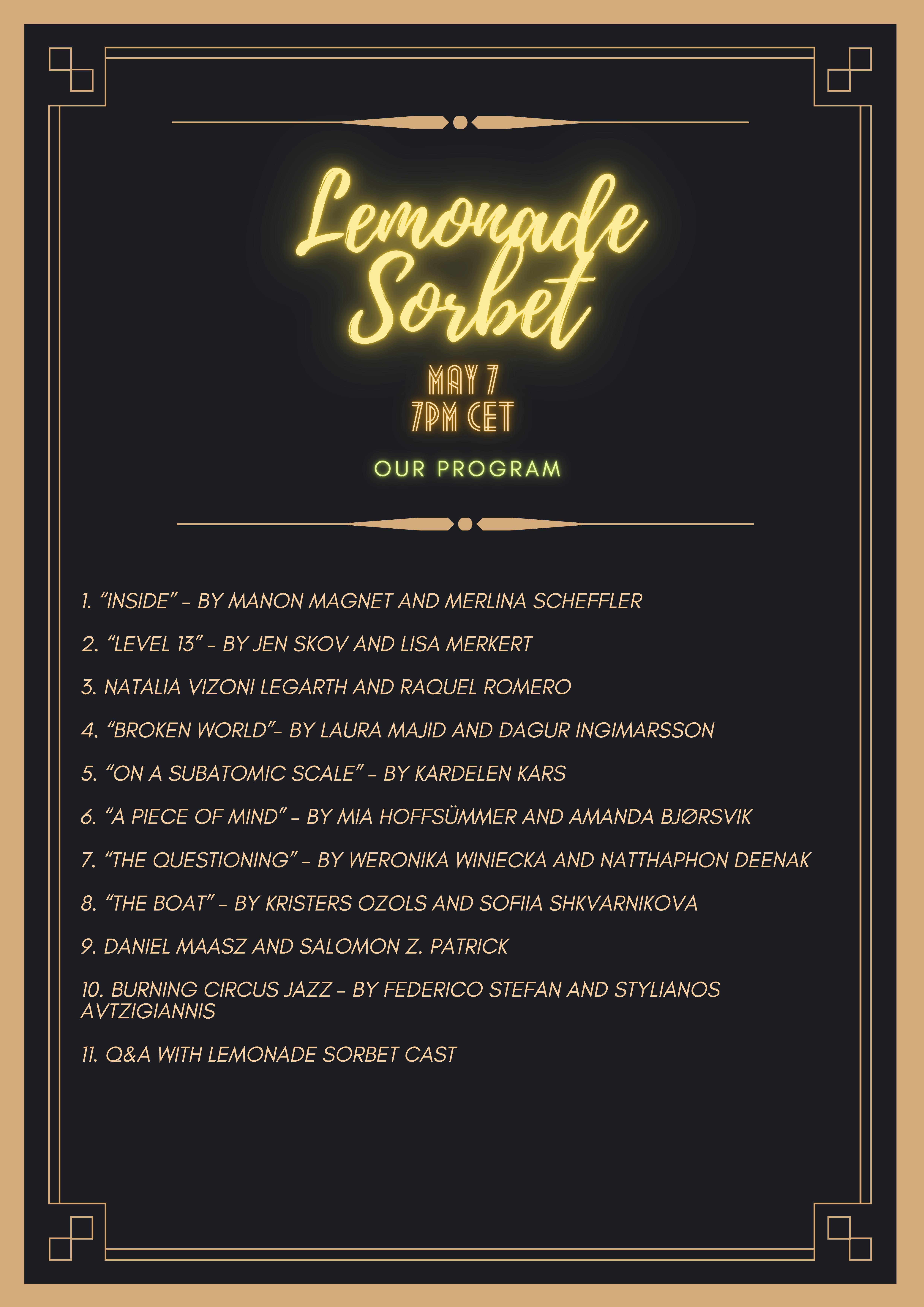 Lemonade Sorbet, live online theatre show by Catalyst Berlin Screen Acting Certificate students 2021