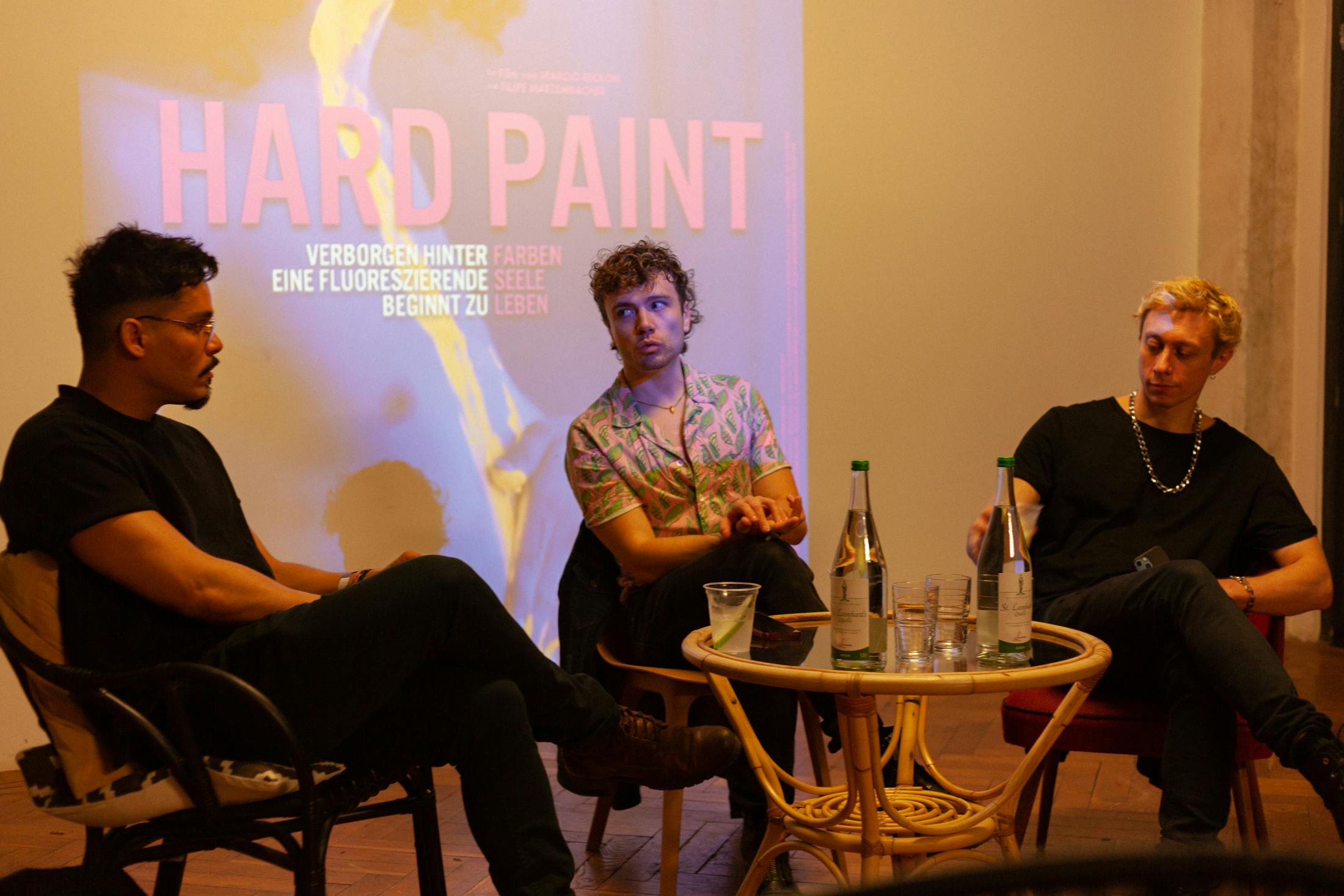 Film Production Programme Lead, Leandro Goddinho (left) interviews Filipe Matzembacher (middle) and Marcio Reolon (right)