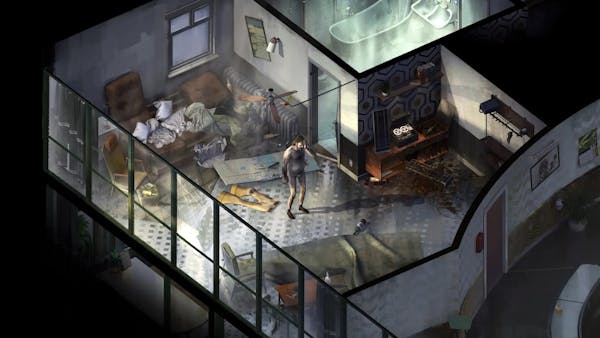 screenshot from a video game shows a man stood a dimly lit and messy apartment wearing only underwear