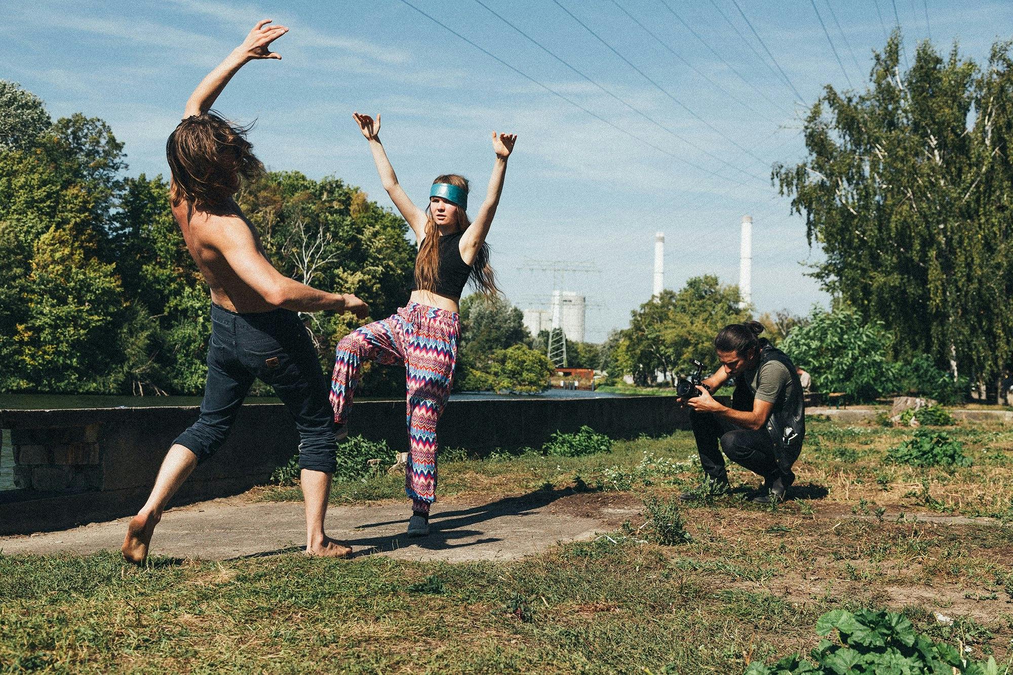 Catalyst Berlin Screen Acting students rehearsing by the Spree river at Funkhaus