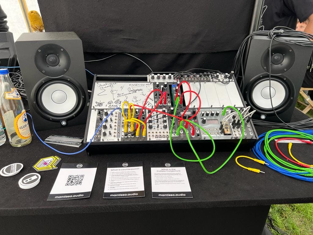 Eurorack cabled up and plugged in at a Superbooth stall