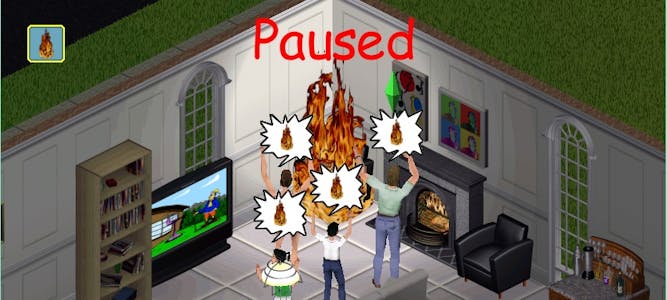 four simulate characters in a video game are alarmed by a fire