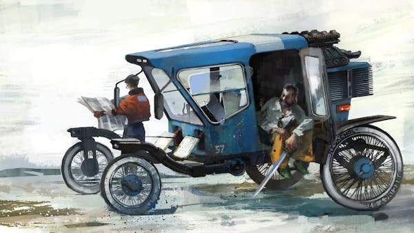 concept art of a steampunk aesthetic motorcar. two characters so on opposite sides of the car