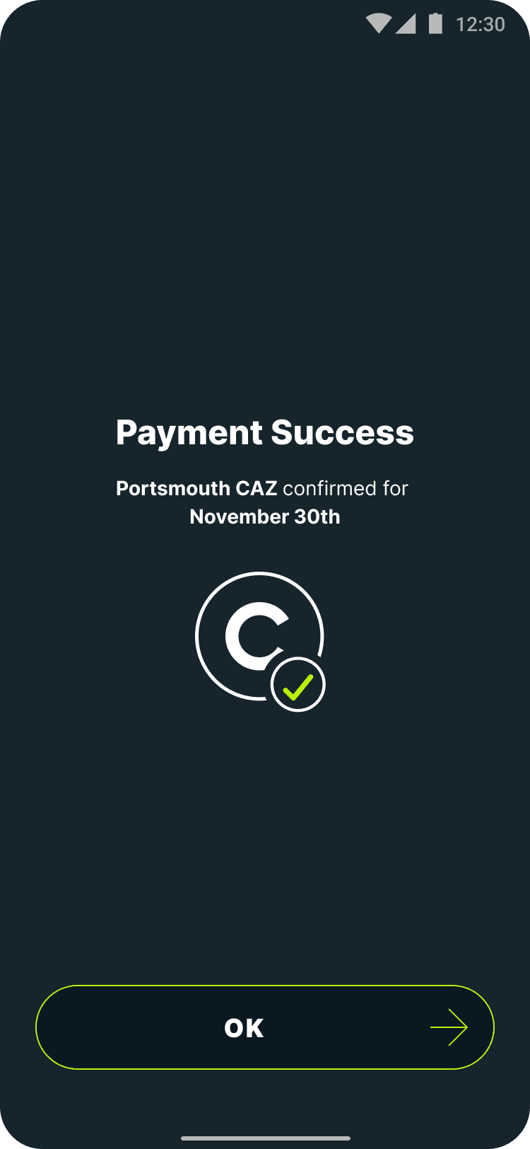 Payment success screen for the Portsmouth Clean Air Zone charge