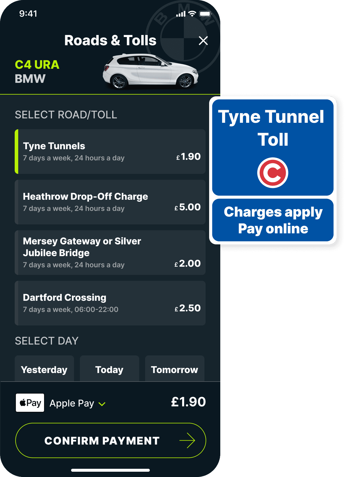 Caura payment screen for Tyne Tunnels with the road sign