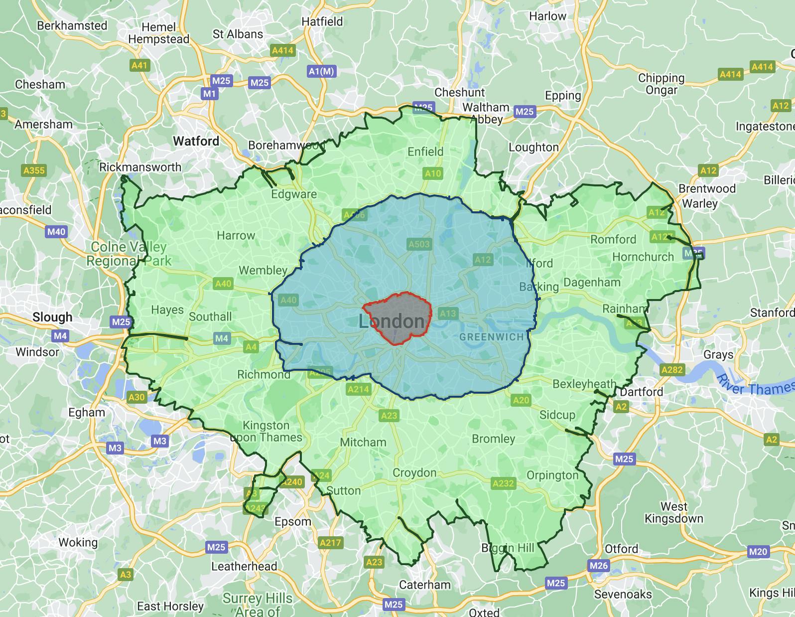 Combined London City Charges map including Congestion, ULEZ & LEZ
