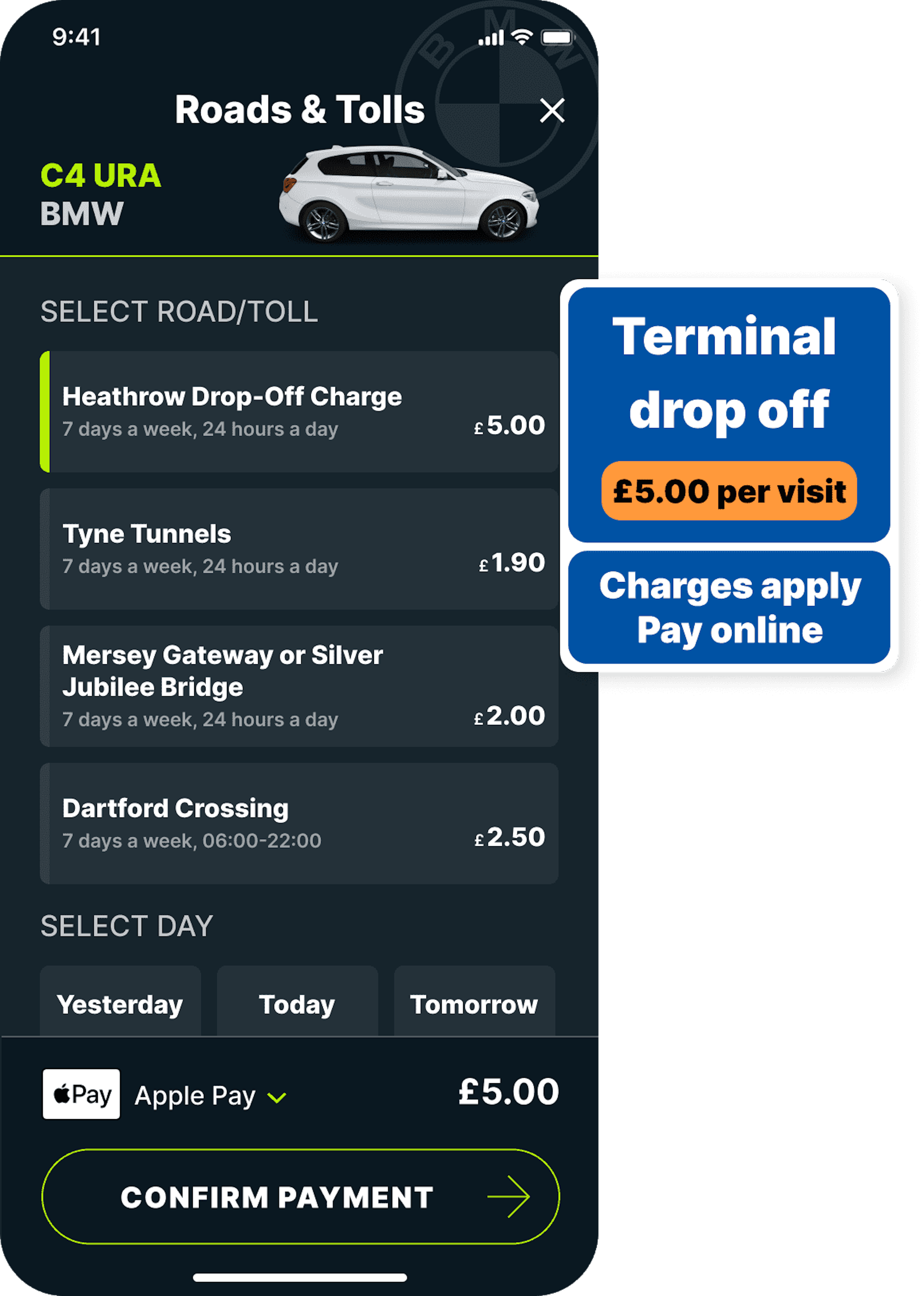 Heathrow drop off payment fee in the Caura app along with the toll road sign