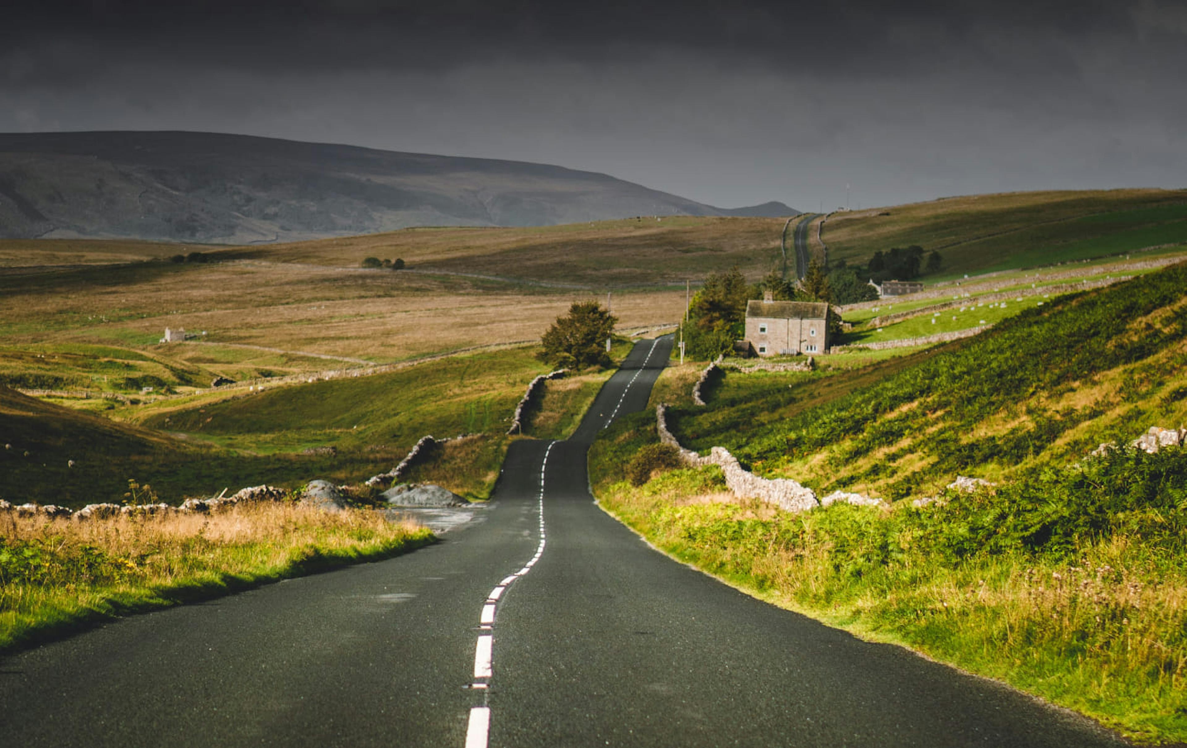 rolling road through green fields