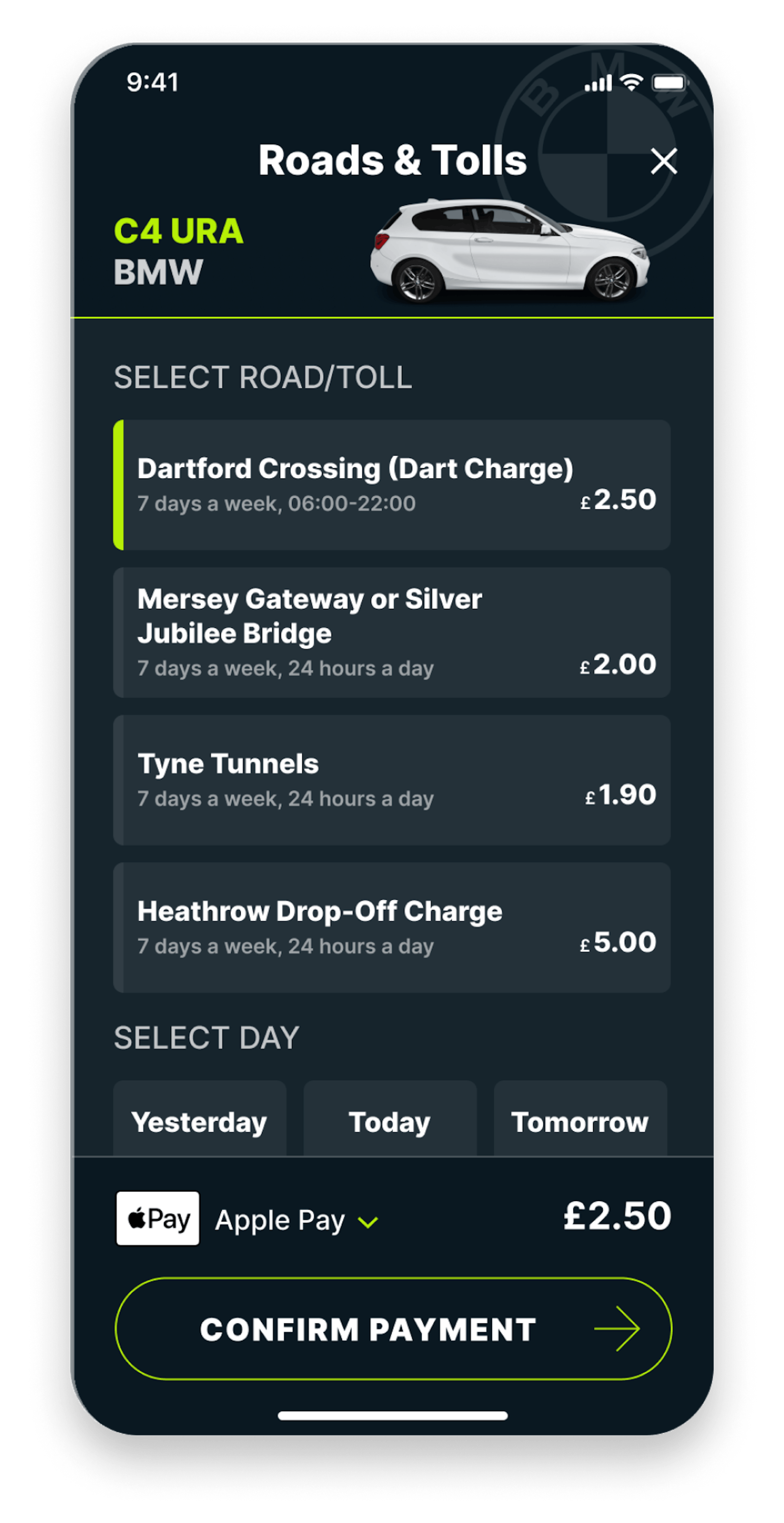 Dartford Crossing charge screen on Caura app