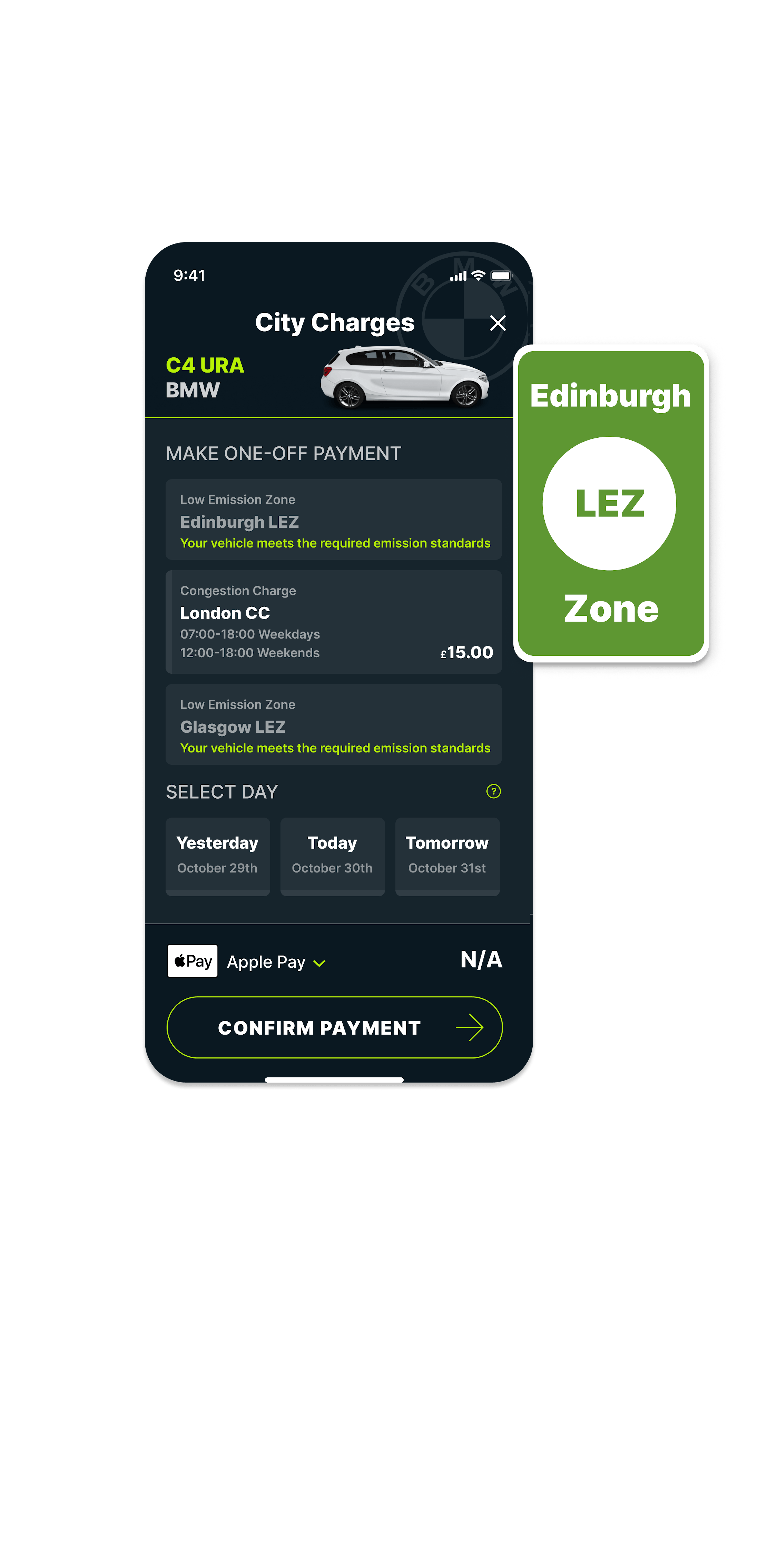 Edinburgh LEZ charge in Caura showing exemption status with LEZ road sign