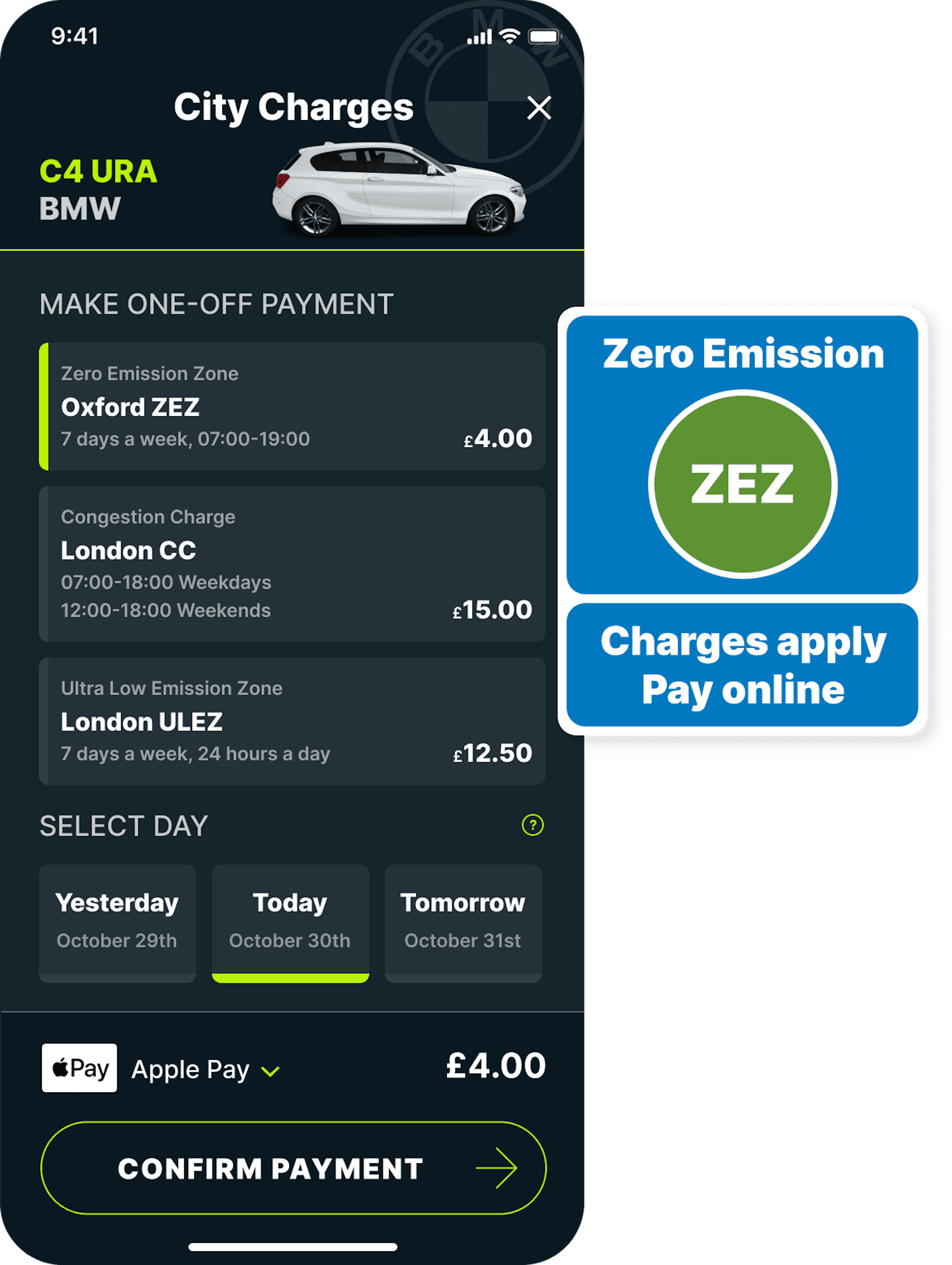 Oxford ZEZ app screen with road sign