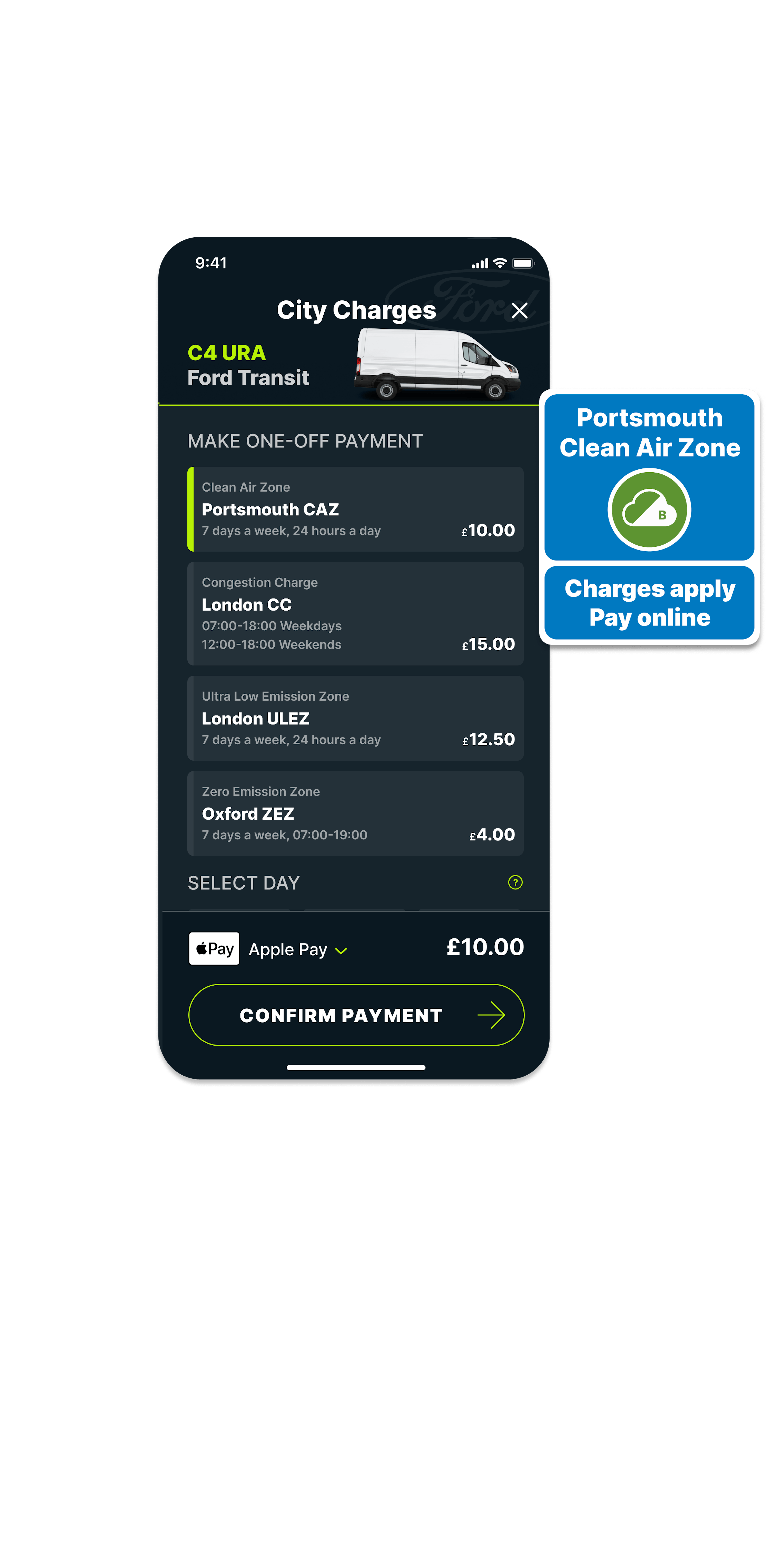 City Charges screen in the Caura app showing the Portsmouth CAZ charge and CAZ road sign