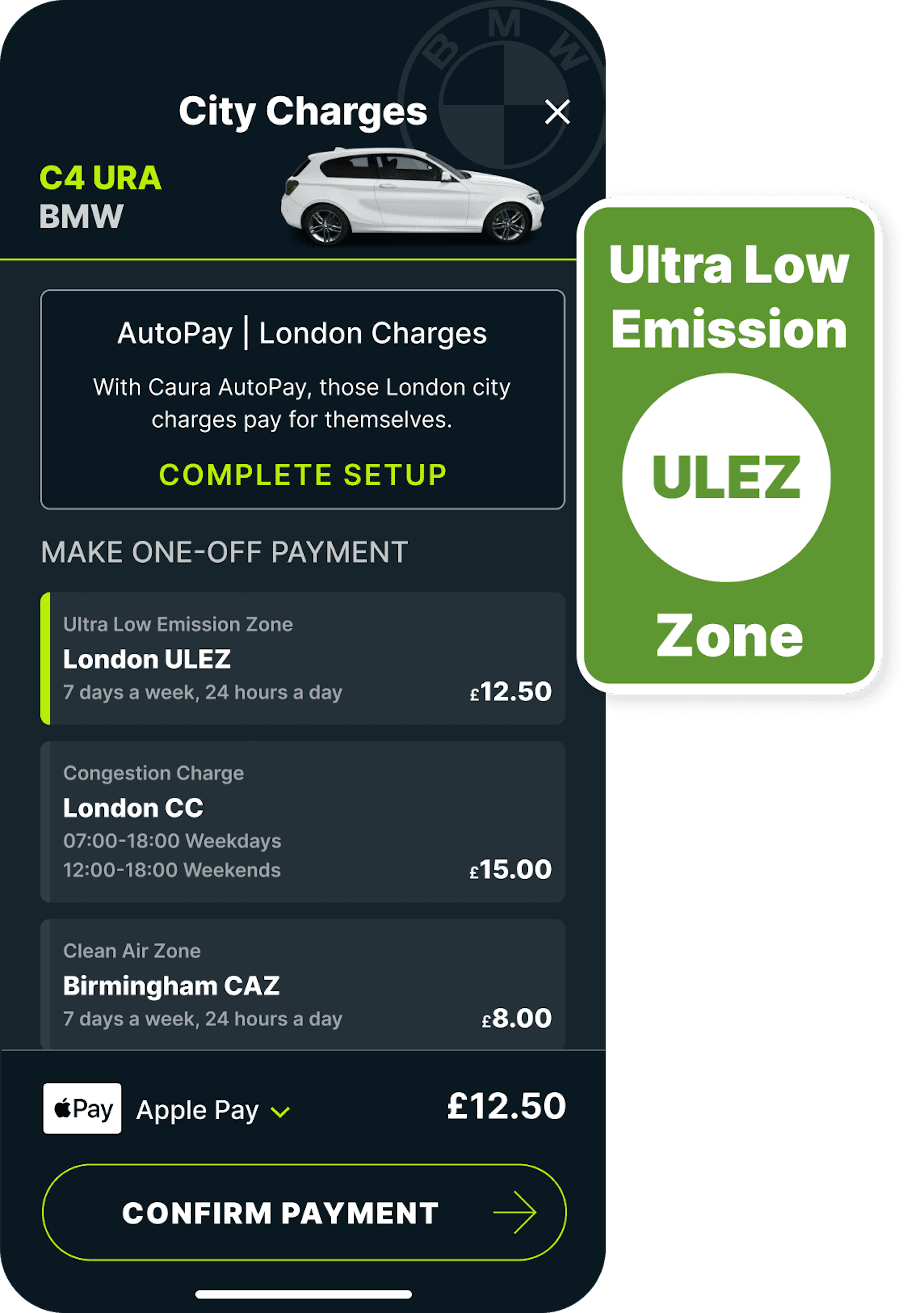 ULEZ charge in the Caura app with ULEZ road sign