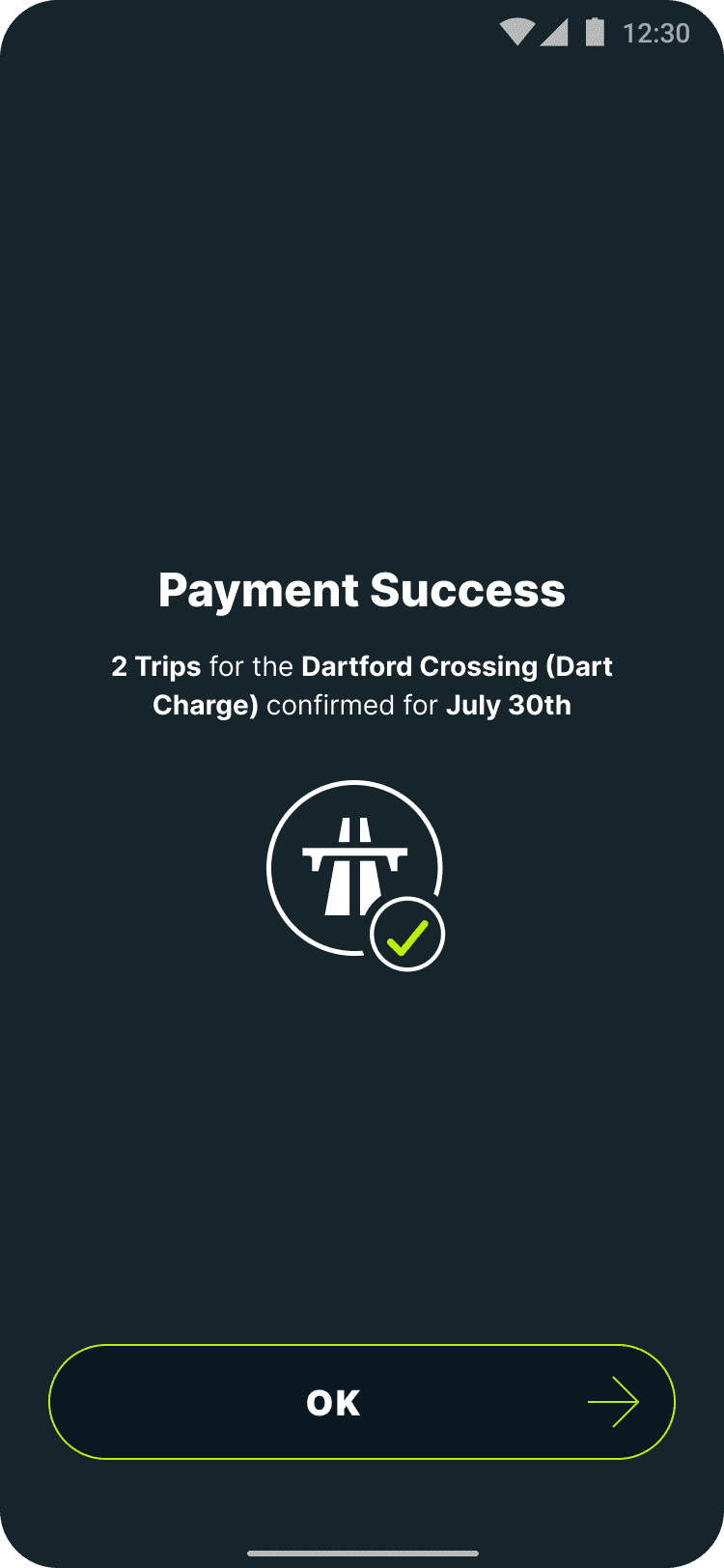 Payment success screen for Dartford Crossing in the Caura app