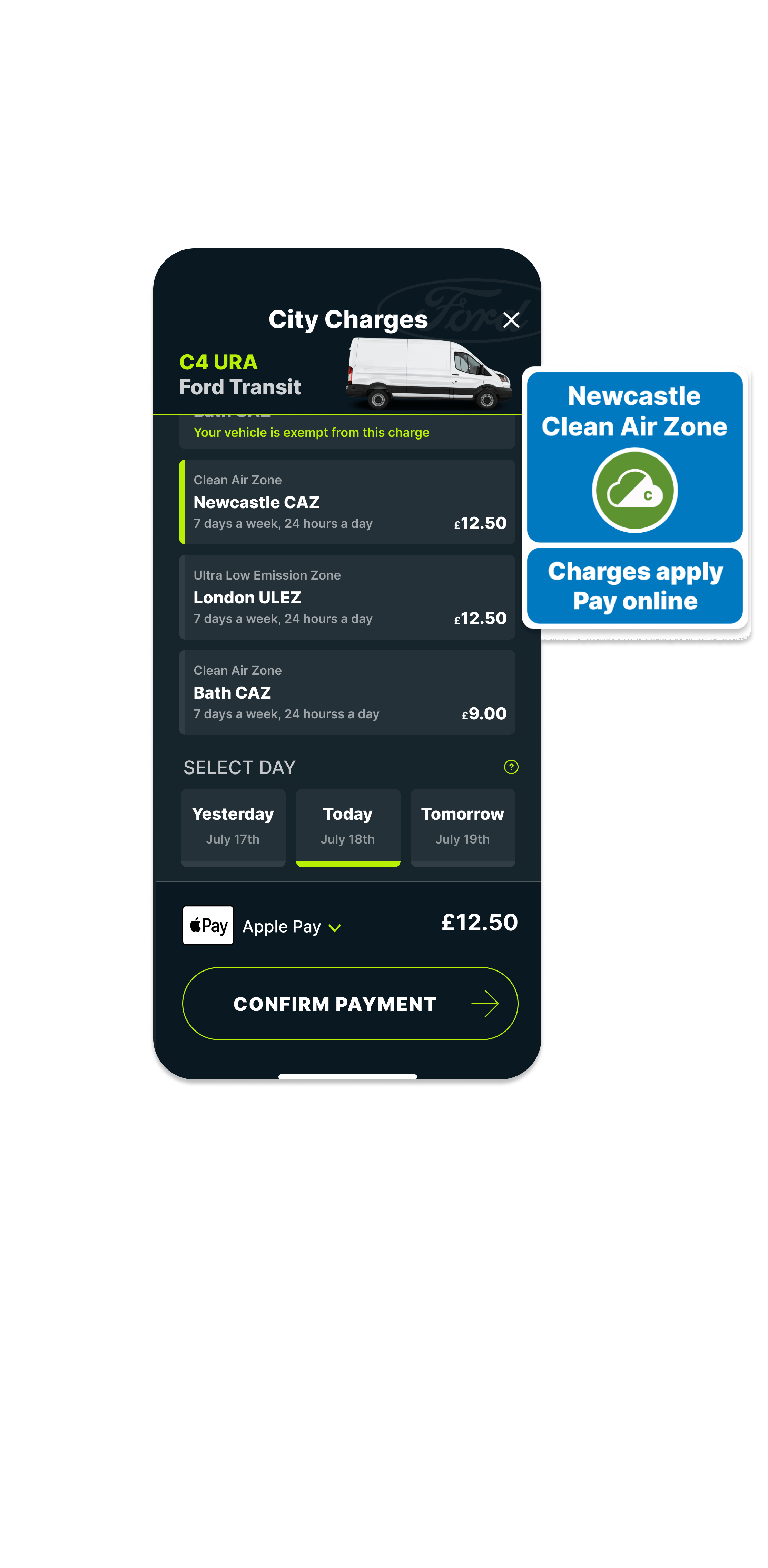 City Charges screen in the Caura app showing the Newcastle CAZ charge and CAZ road sign