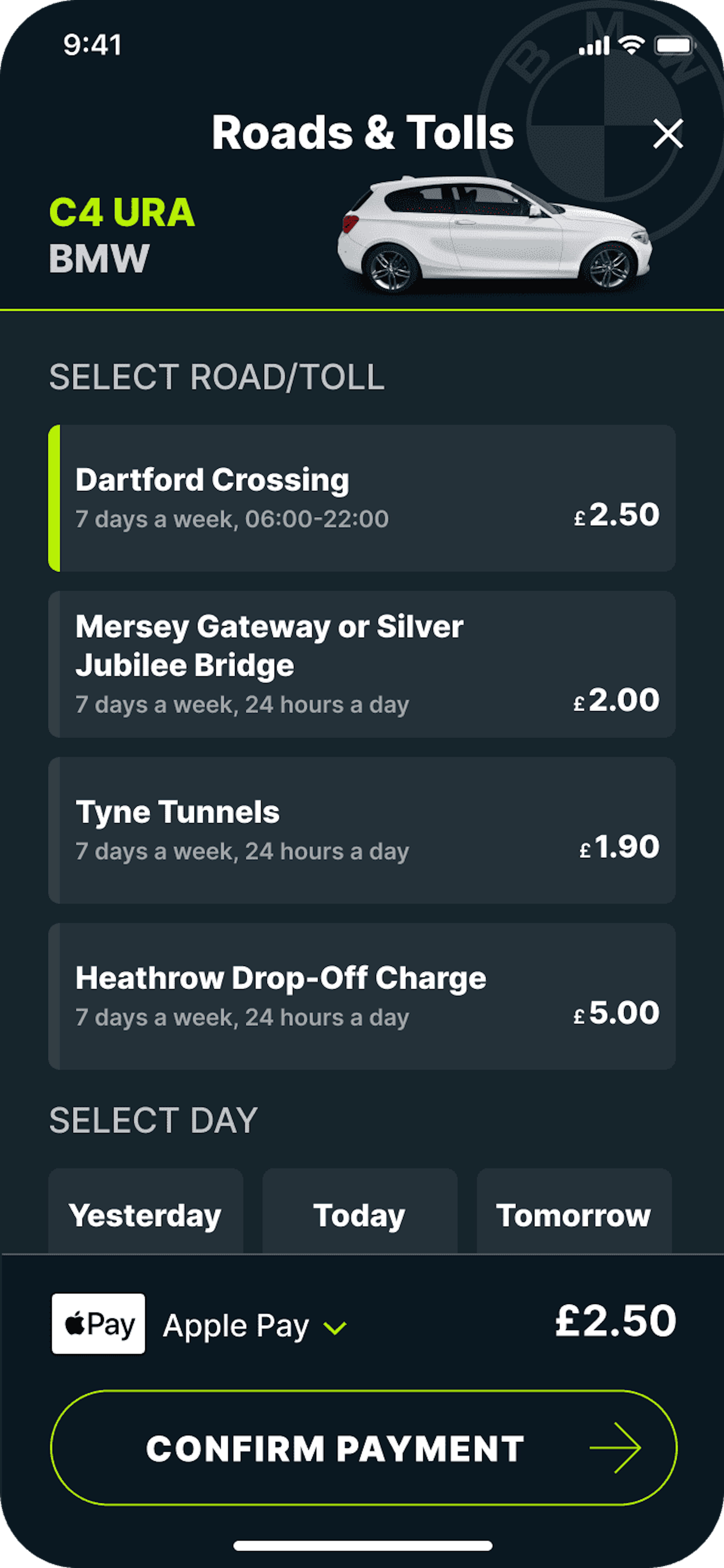 Dartford Crossing charge screen on Caura app