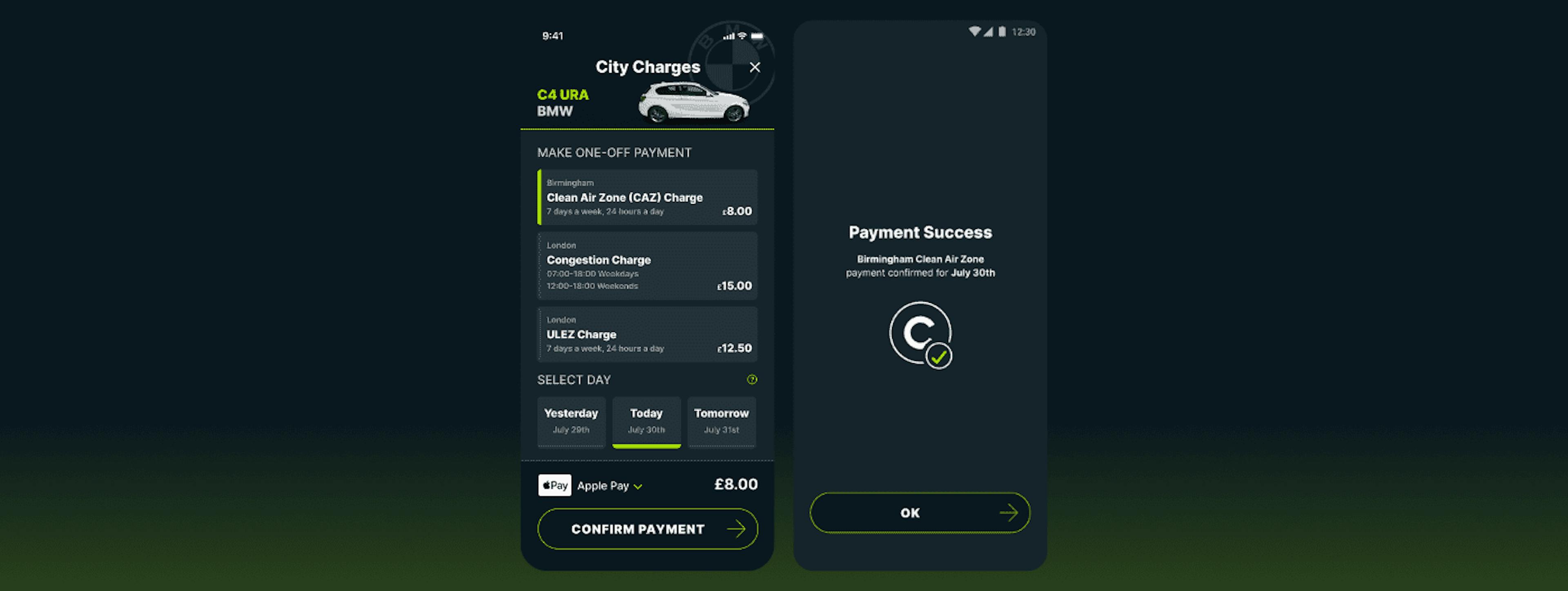 Birmingham CAZ charge in the Caura app and payment success screen