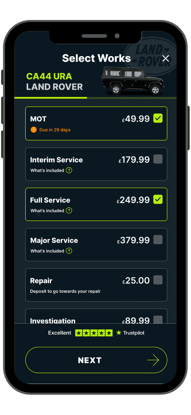 Caura select works screen where users can book an MOT, servicing or repair in the app