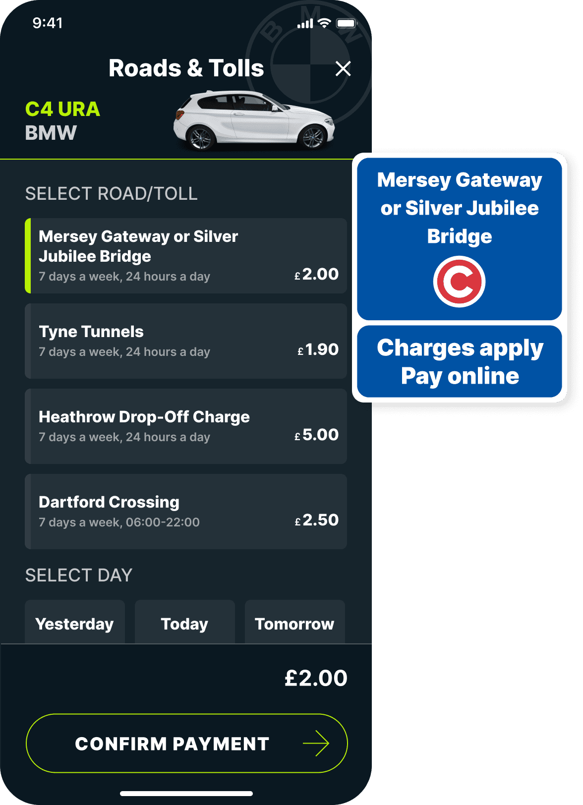 Mersey toll charge in the Caura app along with the toll road sign