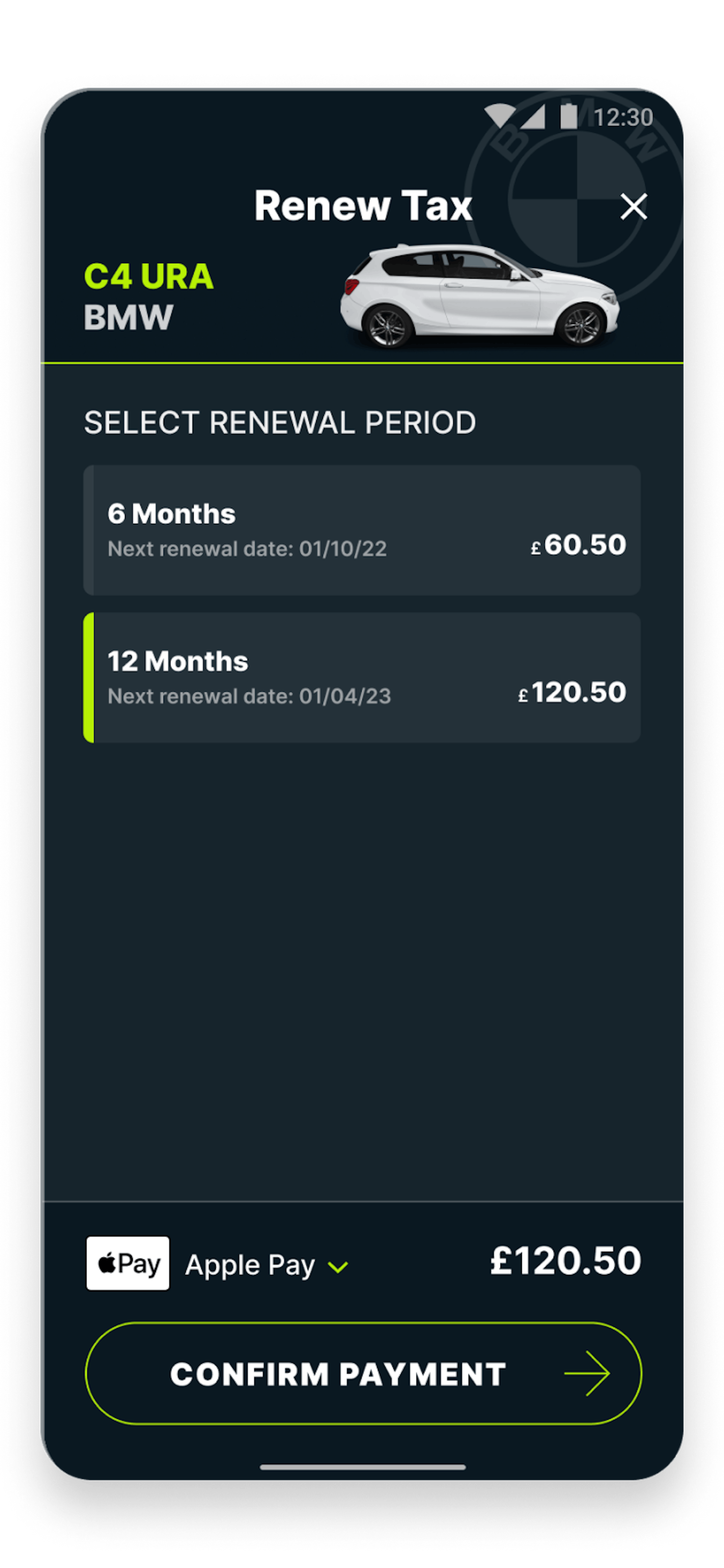 Car tax renewal screen