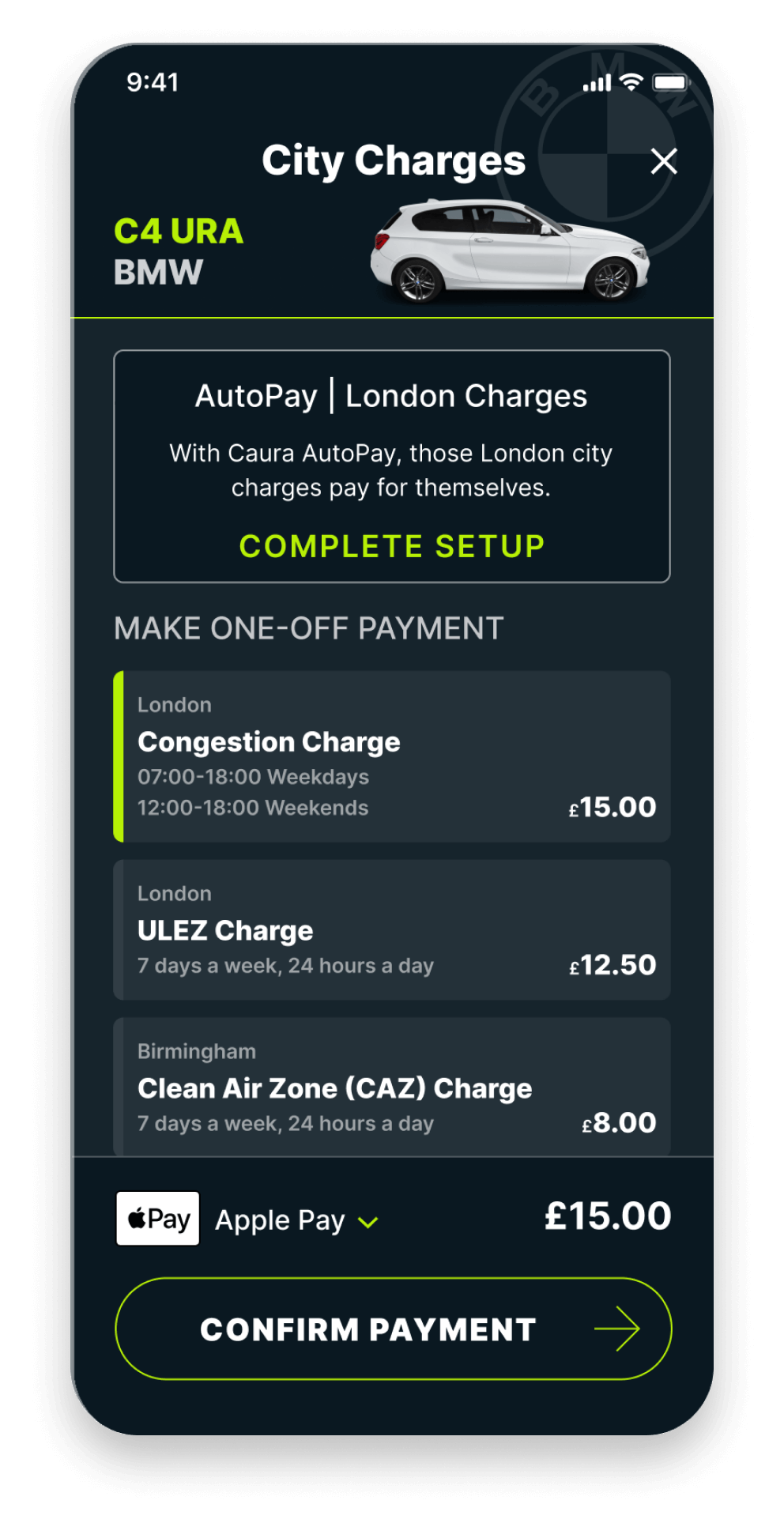 Pay London Congestion Charge in two taps on the Caura app