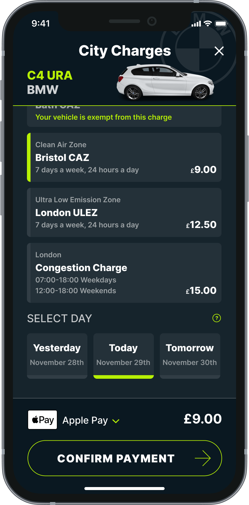 Caura app screen showing the Bristol CAZ charge and exemption feature