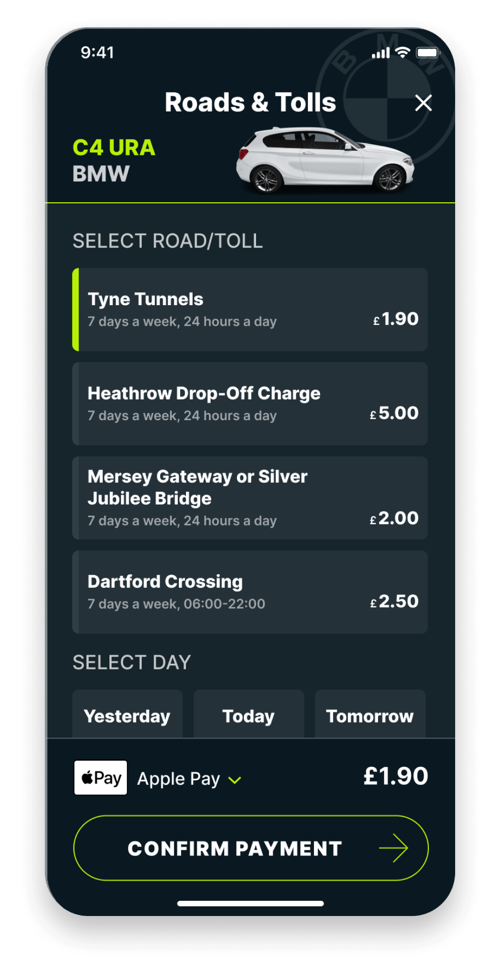 Caura app screen showing Tyne Tunnels payment option