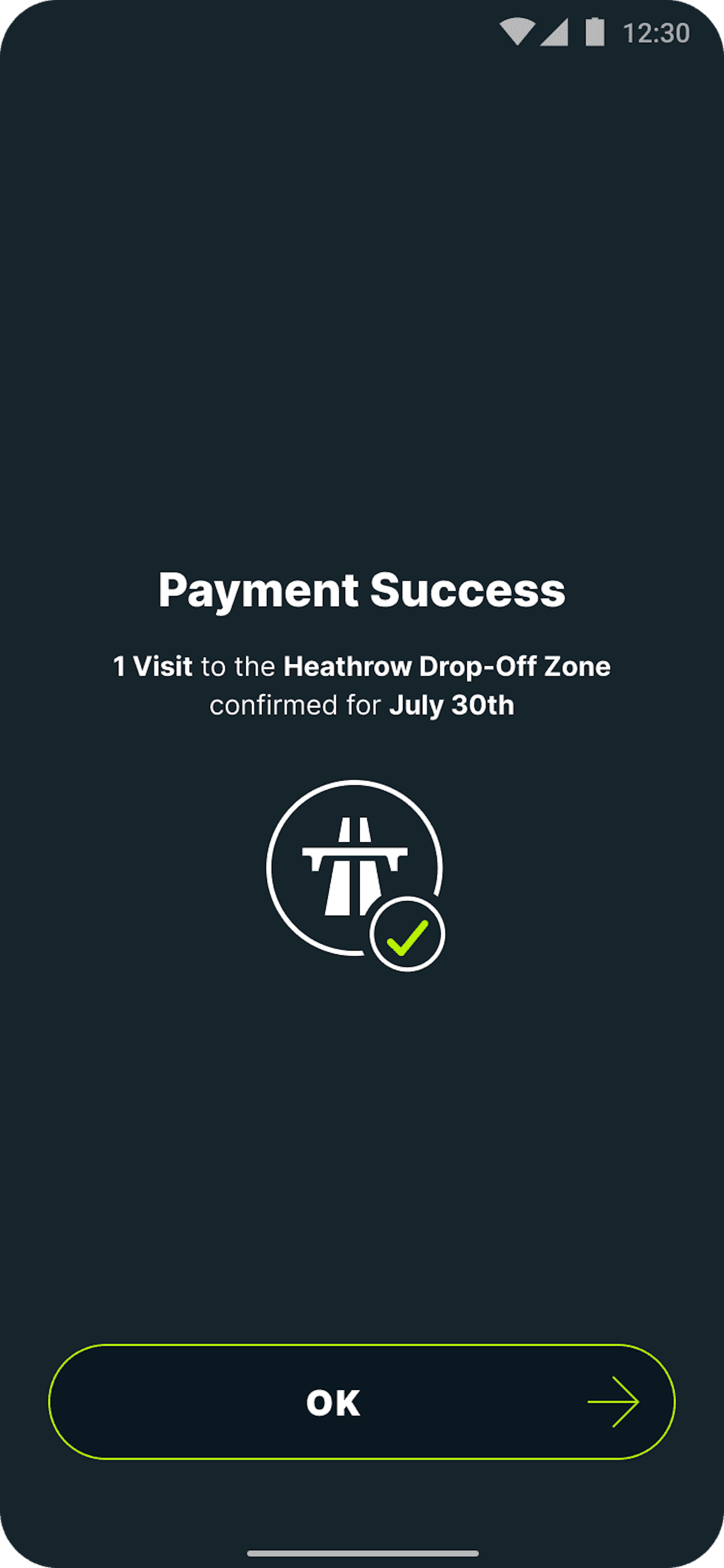payment confirmation screen for heathrow drop off charge on caura