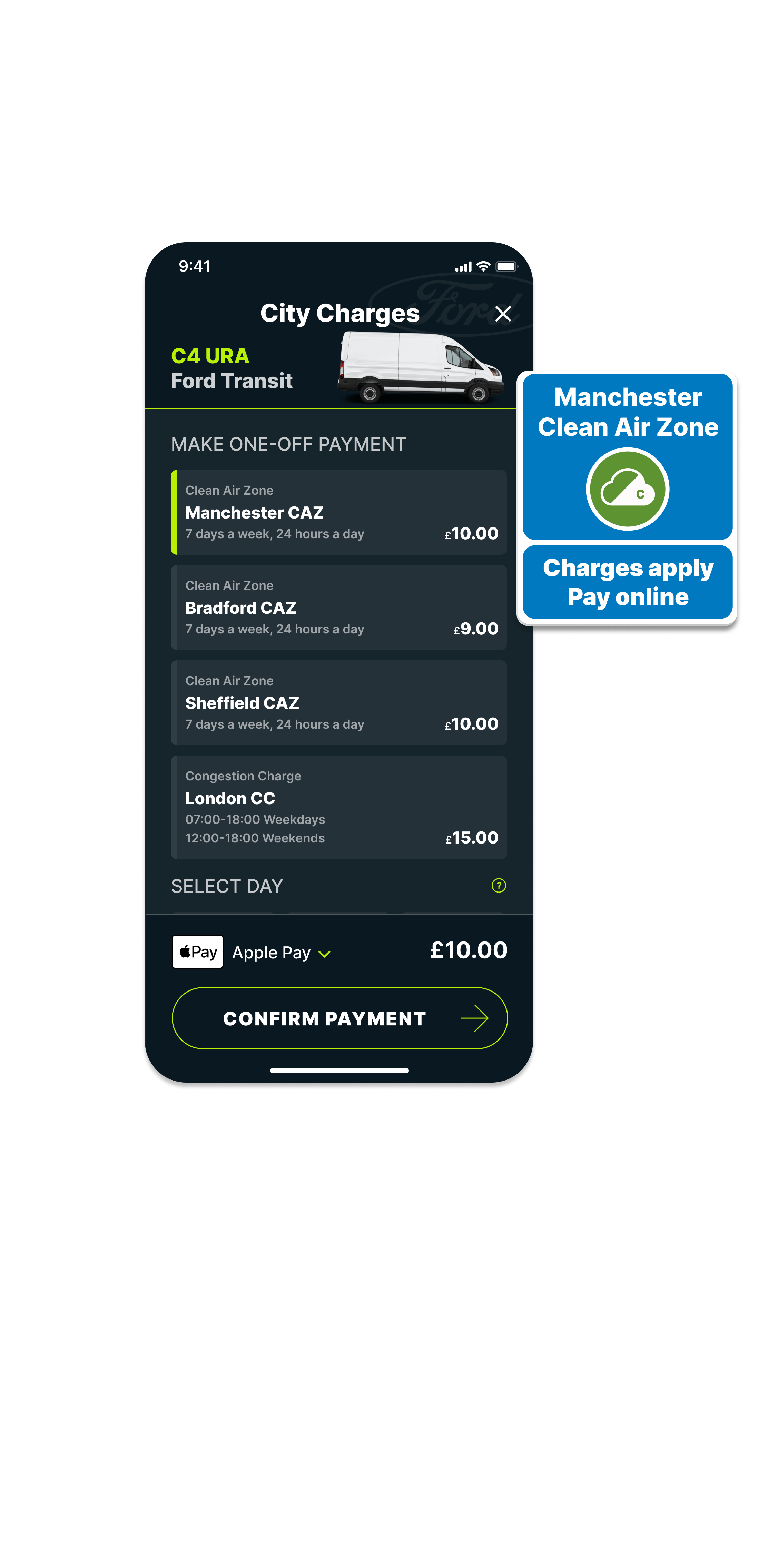 Caura app screen showing the Manchester CAZ charge in-app as well as CAZ road sign