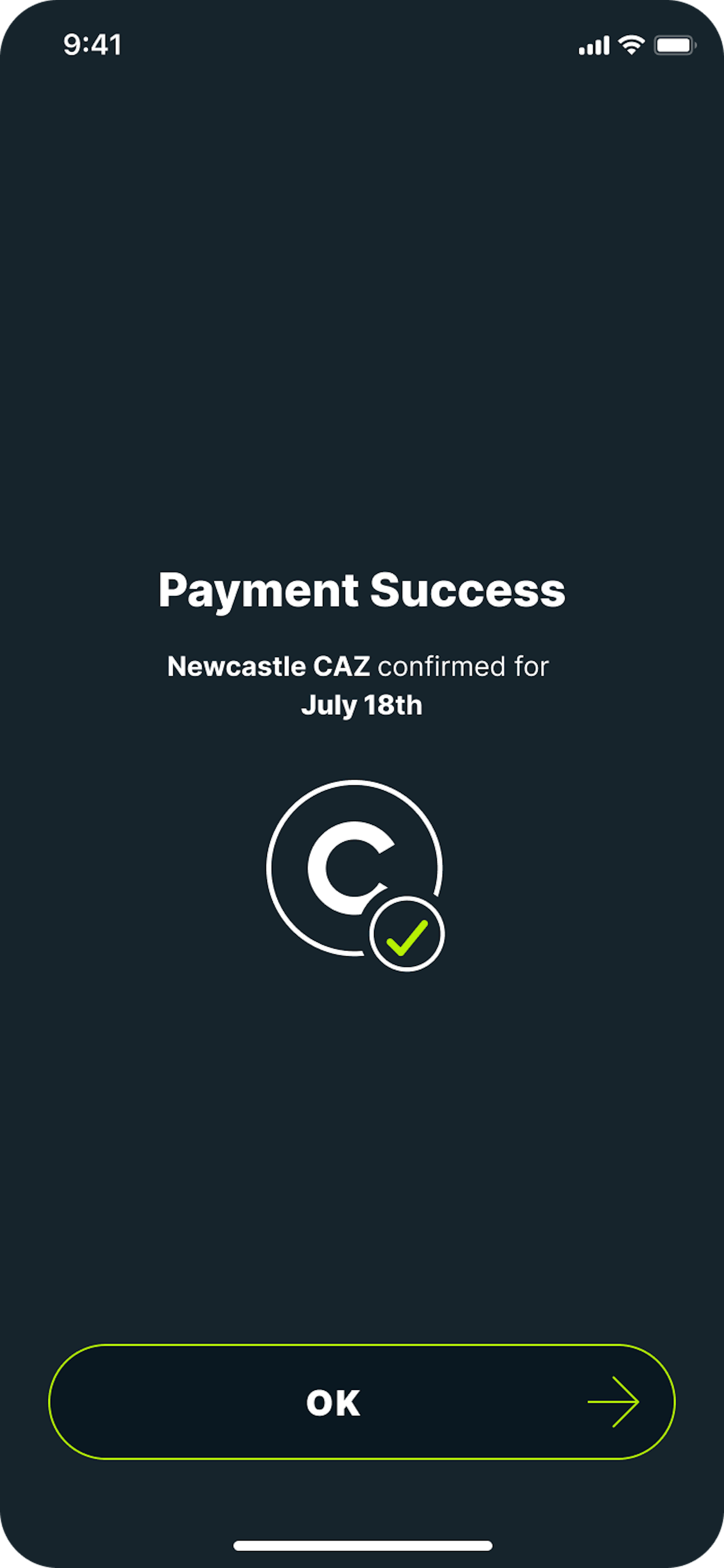 Caura app screen showing successful payment of the Newcastle CAZ charge