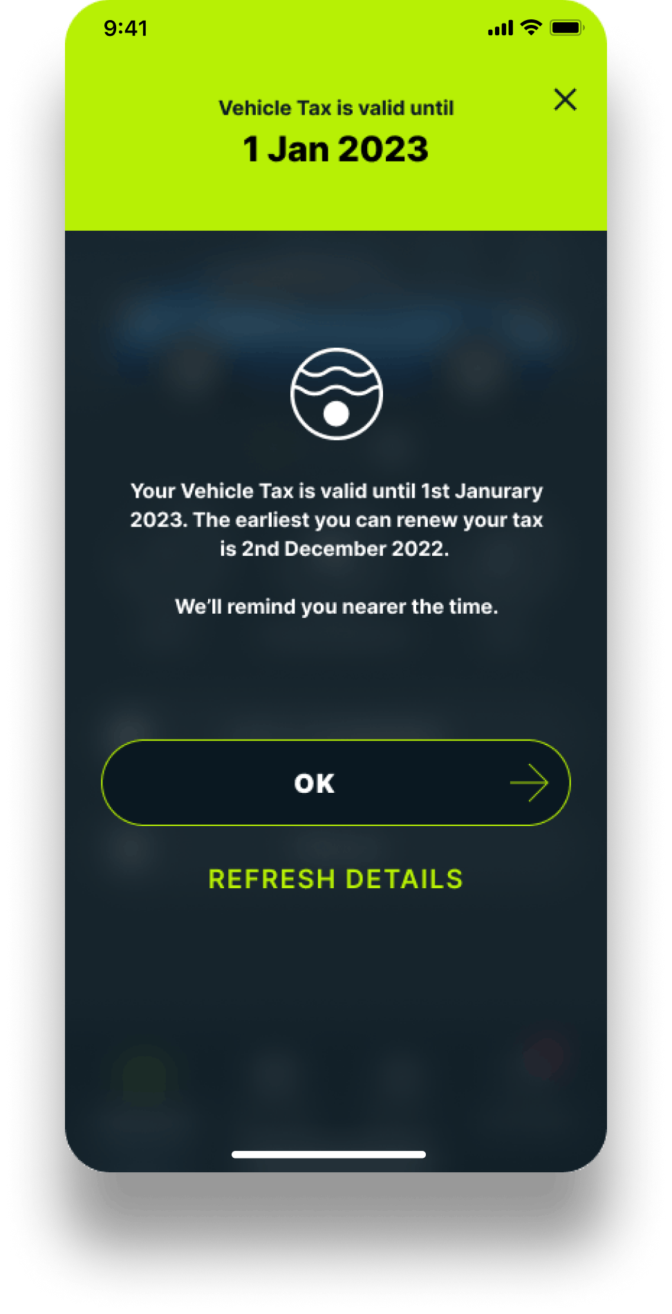 vehicle tax confirmation screen on Caura