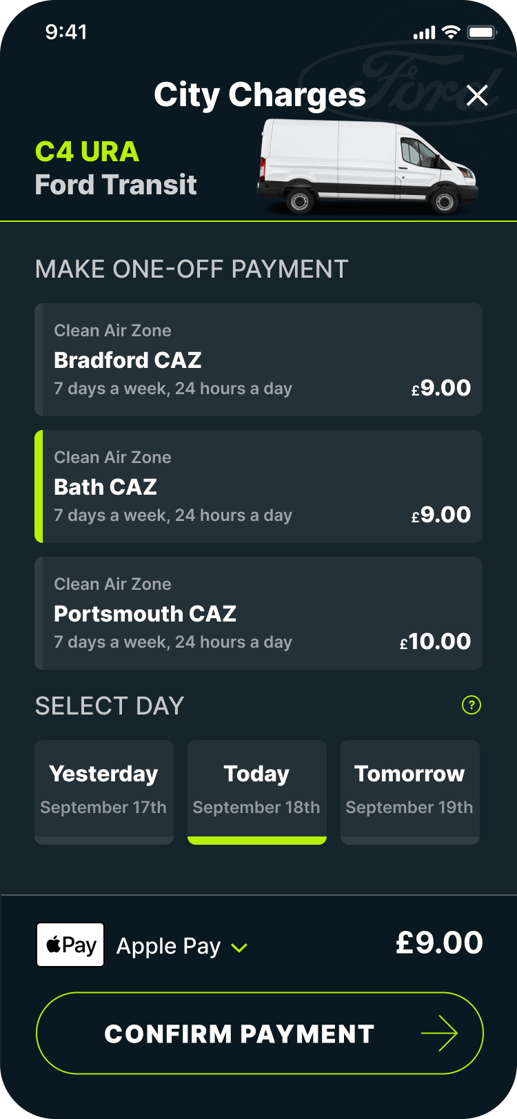 Caura app screen showing the £9.00 fee for Bath CAZ today
